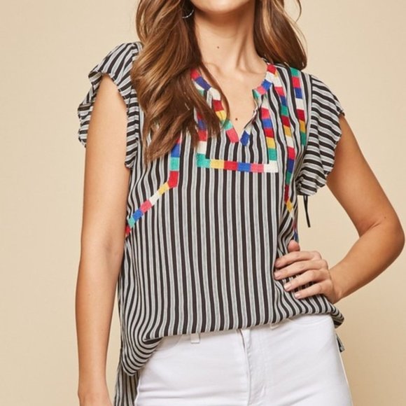 Boho Embroidered Bib Striped Flutter Sleeve Top - Picture 4 of 13
